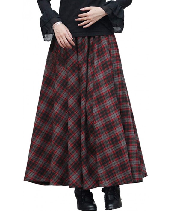 Femiserah Women's Elastic Waist A Line Long Maxi Plaid Wool Skirt Vintage Wool Skirt at Women’s Clothing store
