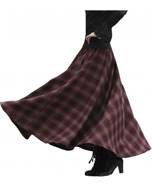 Femiserah Women's Elastic Waist A Line Long Maxi Plaid Wool Skirt Vintage Wool Skirt at  Women’s Clothing store