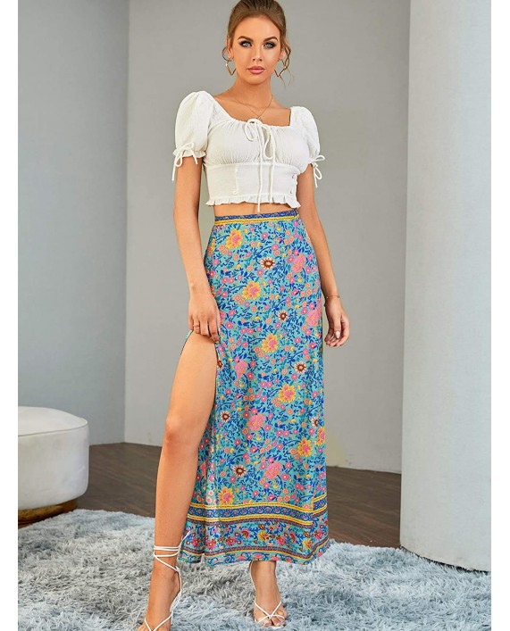 LYANER Women's Bohemian Floral Print High Waist Split Hem Slit Maxi Long Skirt at Women’s Clothing store