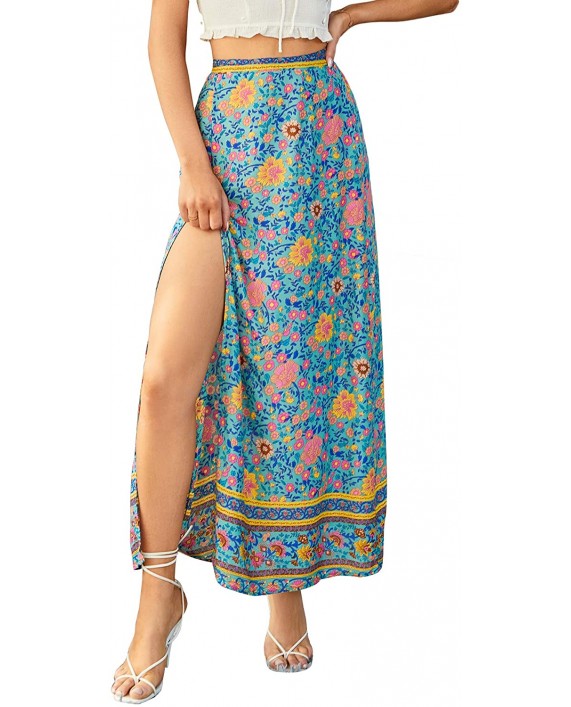 LYANER Women's Bohemian Floral Print High Waist Split Hem Slit Maxi Long Skirt at Women’s Clothing store