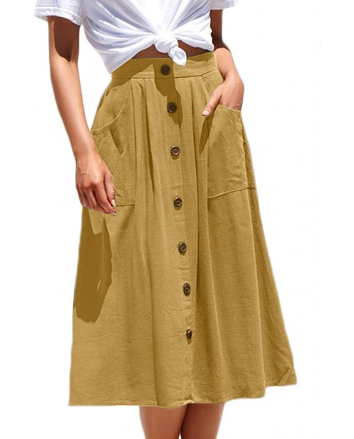 Meyeeka Womens Casual High Waist Flared A-line Skirt Pleated Midi Skirt with Pocket at Women’s Clothing store
