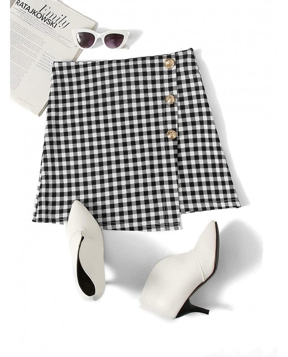 Milumia Women Elegant Plaid Wrap Mini Skirt Button Front Asymmetrical Short Skirt at Women’s Clothing store