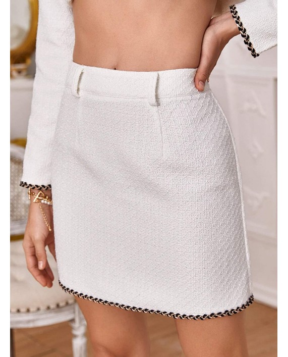 Milumia Women's Elegant Zip Back Braided Hem Office Solid Mid Waist Tweed Short Skirt at Women’s Clothing store
