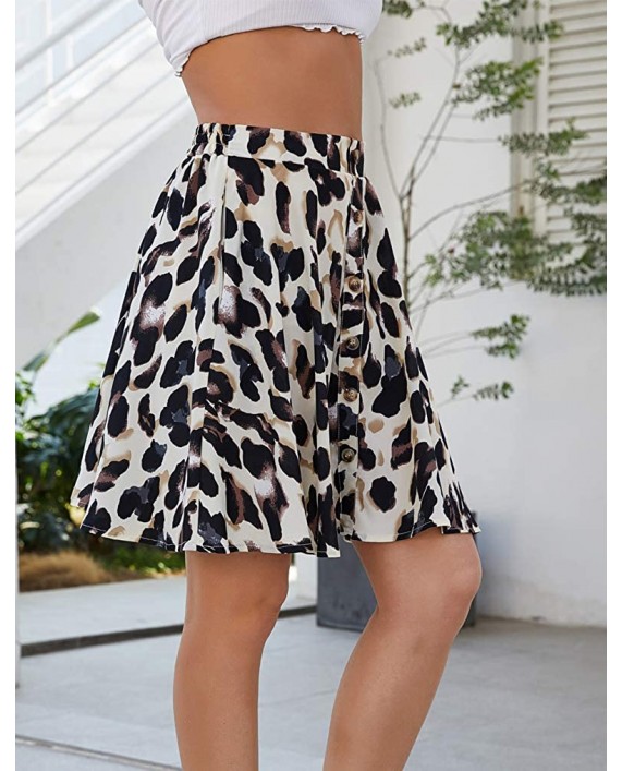 Qearal Women's Leopard Skirt Beach Button Polka Dot Printed Mini Skater Skirt at Women’s Clothing store