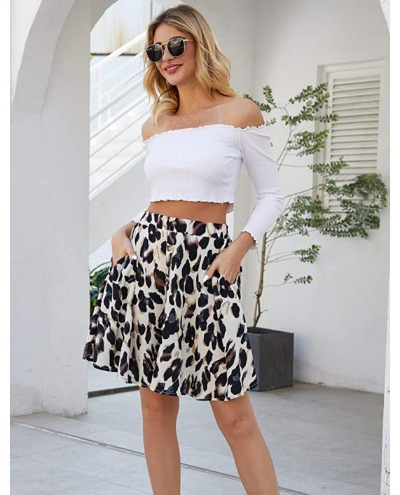 Qearal Women's Leopard Skirt Beach Button Polka Dot Printed Mini Skater Skirt at Women’s Clothing store