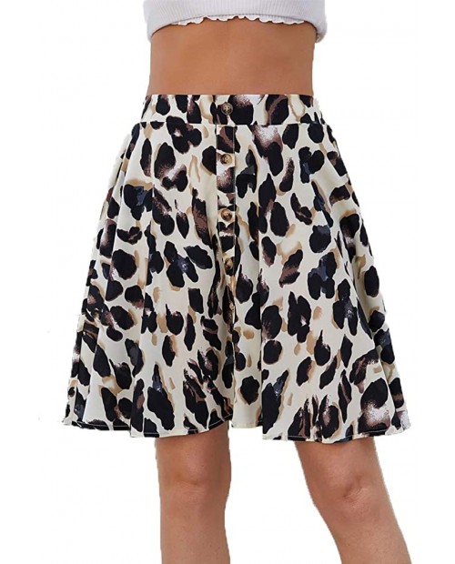 Qearal Women's Leopard Skirt Beach Button Polka Dot Printed Mini Skater Skirt at  Women’s Clothing store