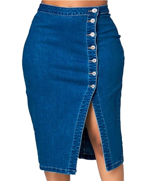 QZUnique Plus Size Stretch Midi Jean Skirt Button Up High Waist Bodycon Denim Skirt at  Women’s Clothing store