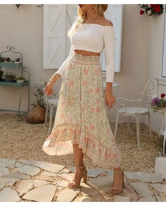 R.Vivimos Women's Floral Print Cotton Ruffled High Low Boho Midi Skirt at Women’s Clothing store