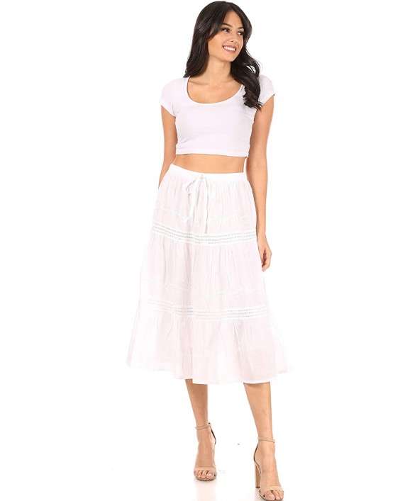Sakkas 5287 - Tahira Cascading Broomstick Midi Skirt with Crochet lace and Elastic Waist - White - OS at Women’s Clothing store