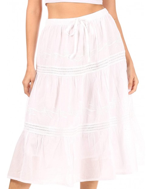 Sakkas 5287 - Tahira Cascading Broomstick Midi Skirt with Crochet lace and Elastic Waist - White - OS at  Women’s Clothing store
