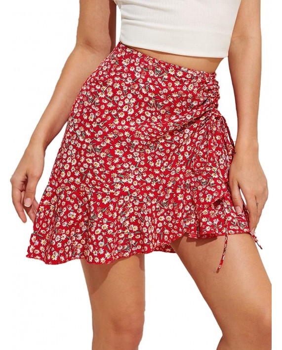 SheIn Women's Floral Ruffle Hem Skirt High Waist Drawstring Asymmetrical Mini Short Skirt at Women’s Clothing store