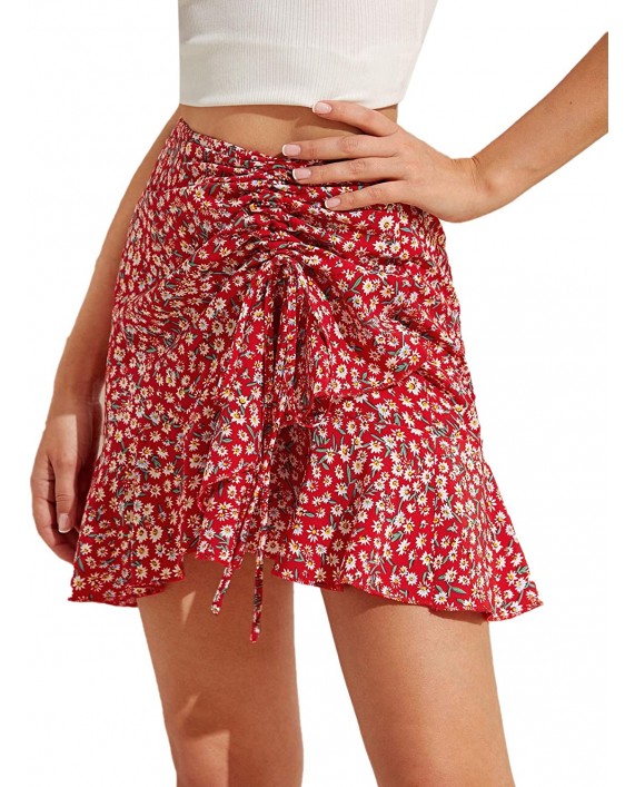 SheIn Women's Floral Ruffle Hem Skirt High Waist Drawstring Asymmetrical Mini Short Skirt at Women’s Clothing store