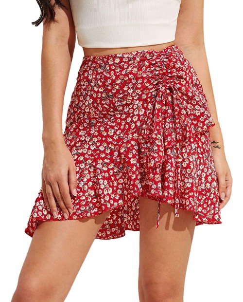 SheIn Women's Floral Ruffle Hem Skirt High Waist Drawstring Asymmetrical Mini Short Skirt at  Women’s Clothing store