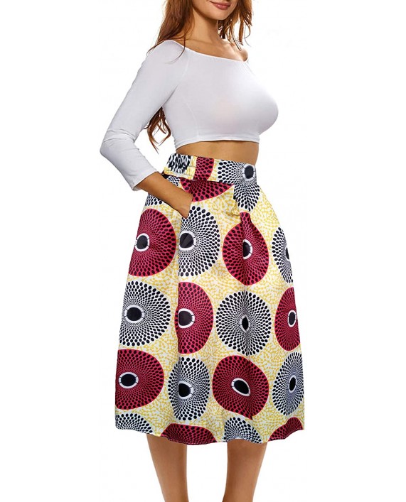 Sinono Women African Floral Print Skirt Pleated Midi Skirts with Pockets at Women’s Clothing store