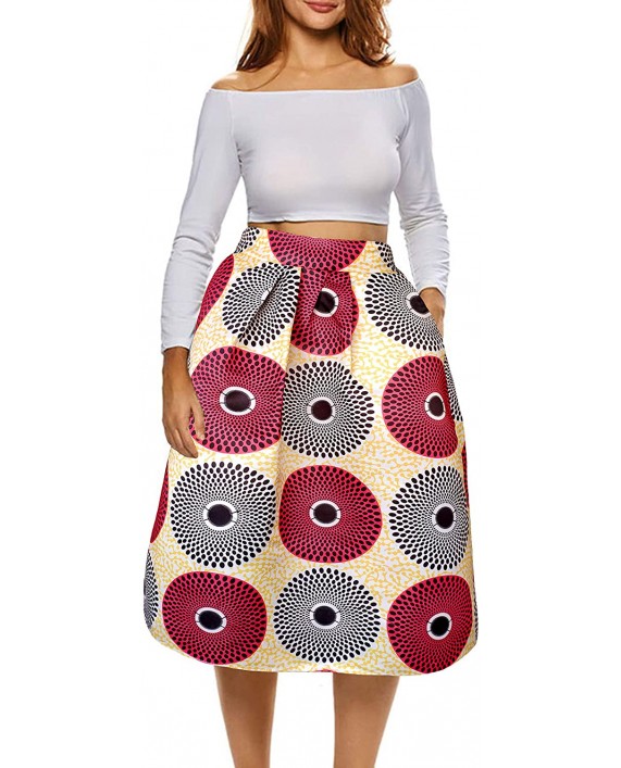 Sinono Women African Floral Print Skirt Pleated Midi Skirts with Pockets at Women’s Clothing store