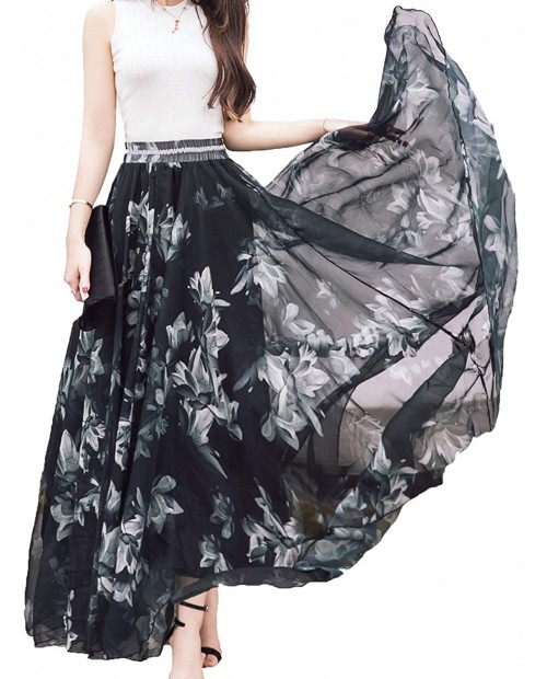 Sinono Women's Floral Maxi Chiffon Long Skirts Full Length Beach Skirt at Women’s Clothing store