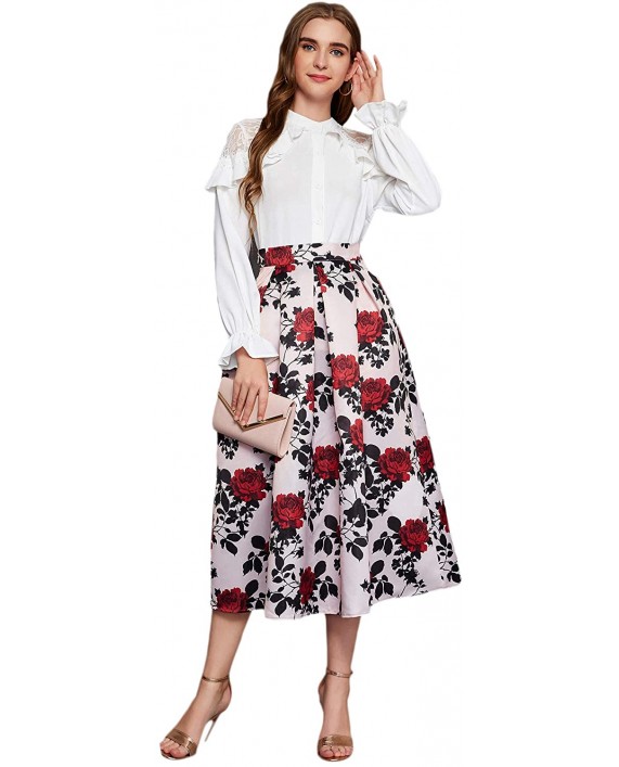SweatyRocks Women's Vintage High Waisted Printed A Line Pleated Flare Midi Skirt at Women’s Clothing store