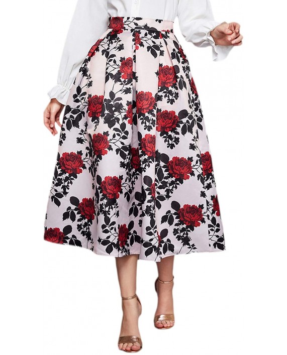 SweatyRocks Women's Vintage High Waisted Printed A Line Pleated Flare Midi Skirt at Women’s Clothing store