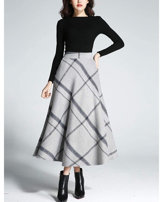 Tanming Women's Winter Warm Elastic Waist Wool Plaid A-Line Pleated Long Skirt at Women’s Clothing store