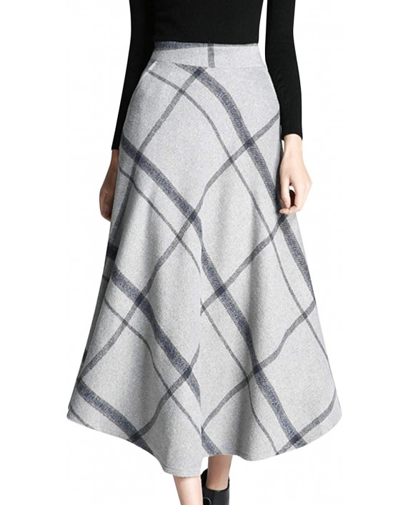 Tanming Women's Winter Warm Elastic Waist Wool Plaid A-Line Pleated Long Skirt at Women’s Clothing store