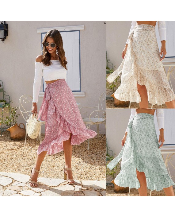 UEZBYQH Womens Boho Floral High Waisted Asymmetrical Ruffle Wrap Split Summer Beach Long Maxi Skirts at Women’s Clothing store