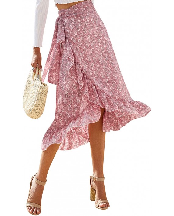 UEZBYQH Womens Boho Floral High Waisted Asymmetrical Ruffle Wrap Split Summer Beach Long Maxi Skirts at Women’s Clothing store