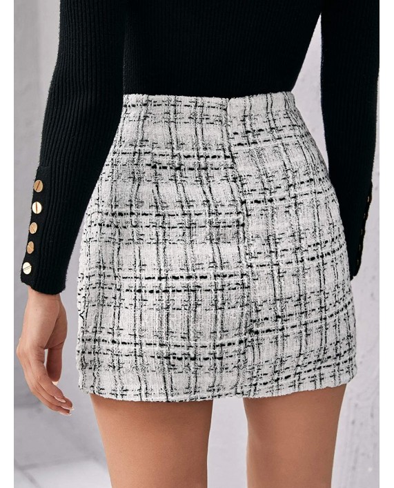 WDIRARA Women's High Waist Above Knee Double Breasted Tweed Short Mini Skirt at Women’s Clothing store