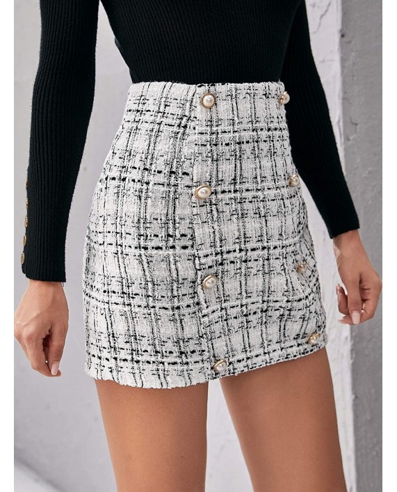 WDIRARA Women's High Waist Above Knee Double Breasted Tweed Short Mini Skirt at Women’s Clothing store