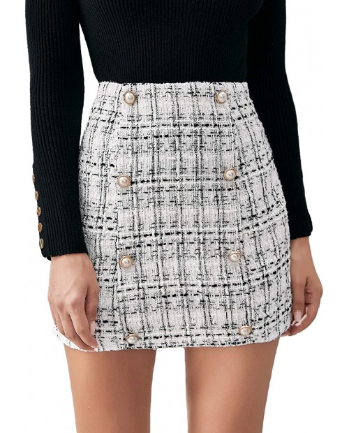 WDIRARA Women's High Waist Above Knee Double Breasted Tweed Short Mini Skirt at  Women’s Clothing store