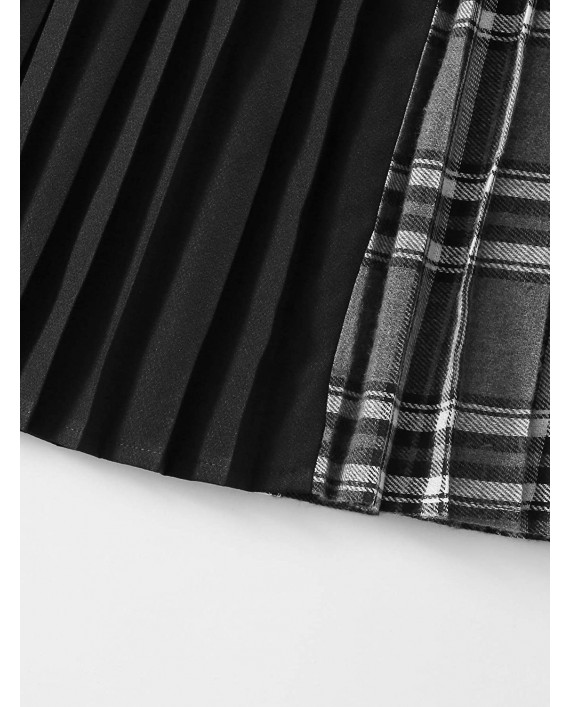 WDIRARA Women's Plus Plaid Pleated Skater School Colorblock Belted Mini Skirt with Chain at Women’s Clothing store
