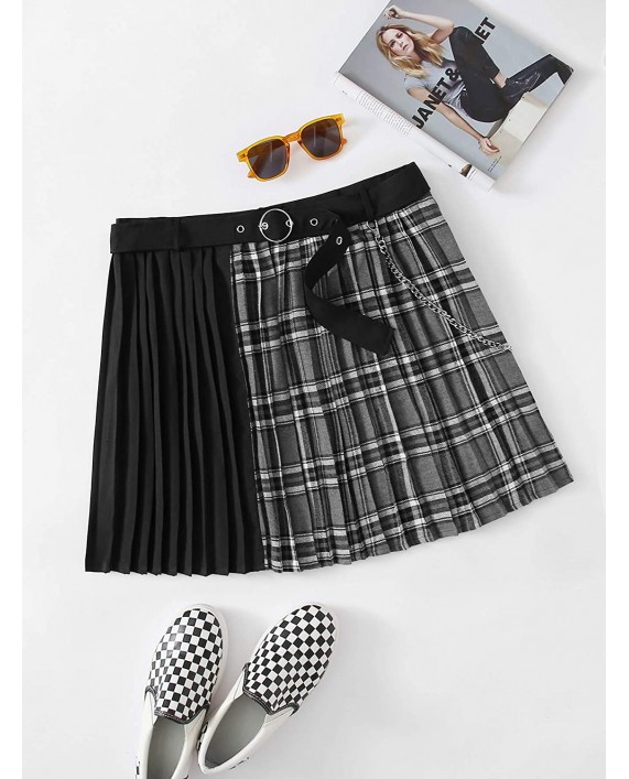 WDIRARA Women's Plus Plaid Pleated Skater School Colorblock Belted Mini Skirt with Chain at Women’s Clothing store