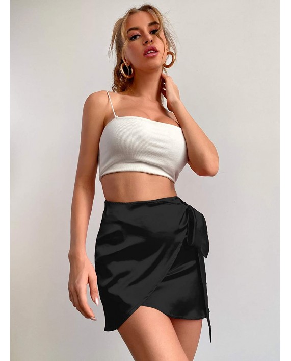 WDIRARA Women's Satin Wrap Tie Side High Waist Casual Asymmetrical Mini Skirt at Women’s Clothing store