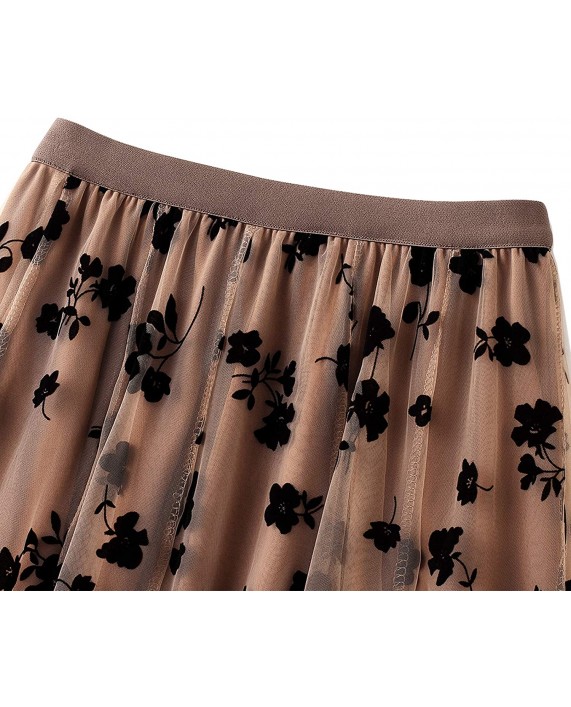 Women Tutu Tulle Skirt Elastic High Waist Layered Skirt Floral Print A-Line MeshMidi Skirt Khaki One Size at Women’s Clothing store