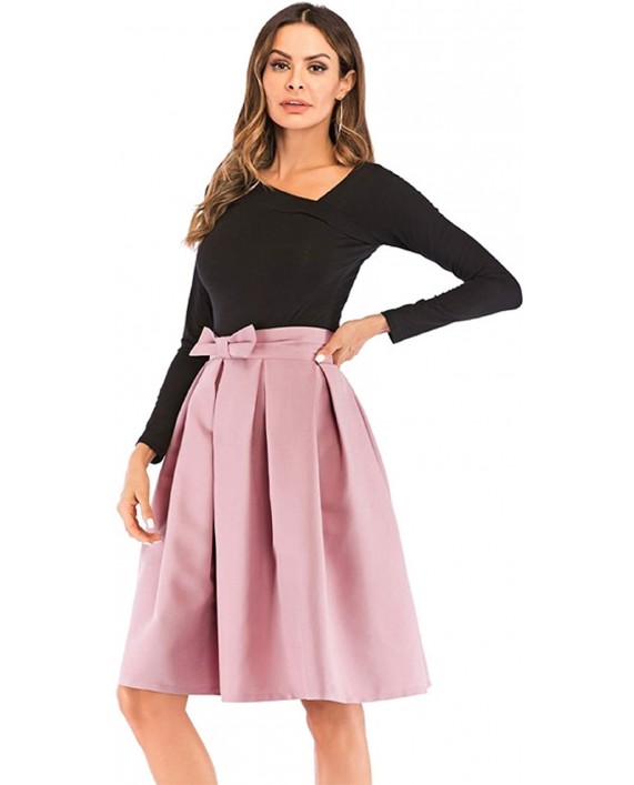 Women’s A Line Pleated Vintage Skirt High Waist Midi Skater with Bow Tie at Women’s Clothing store