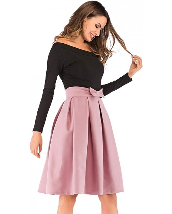 Women’s A Line Pleated Vintage Skirt High Waist Midi Skater with Bow Tie at Women’s Clothing store