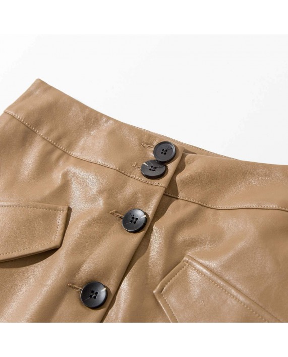 Women's Buttons Front High Waisted Mid-Long Leather Skirt at Women’s Clothing store