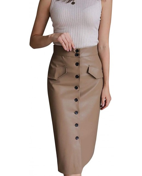 Women's Buttons Front High Waisted Mid-Long Leather Skirt at  Women’s Clothing store