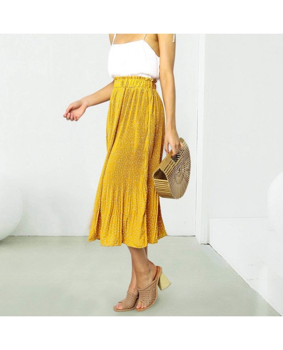 Women's Polka Dot Pleated Midi Long Skirt Boho High Waist Floral Print Midi Skirt with Poket for Girls at Women’s Clothing store