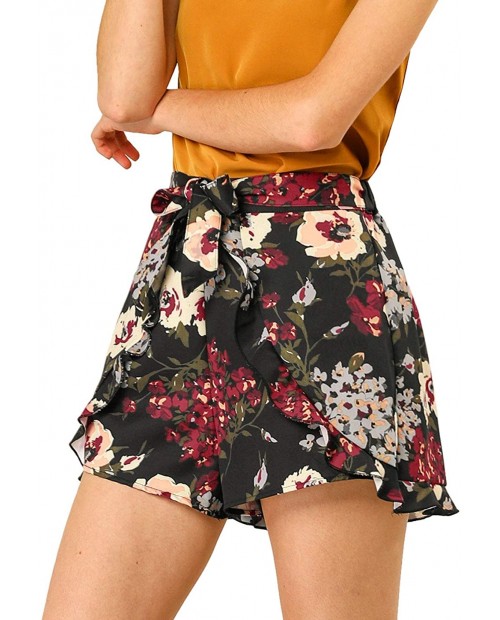 Allegra K Women's Tie Waist Ruffle Front Summer Beach Floral Shorts at  Women’s Clothing store
