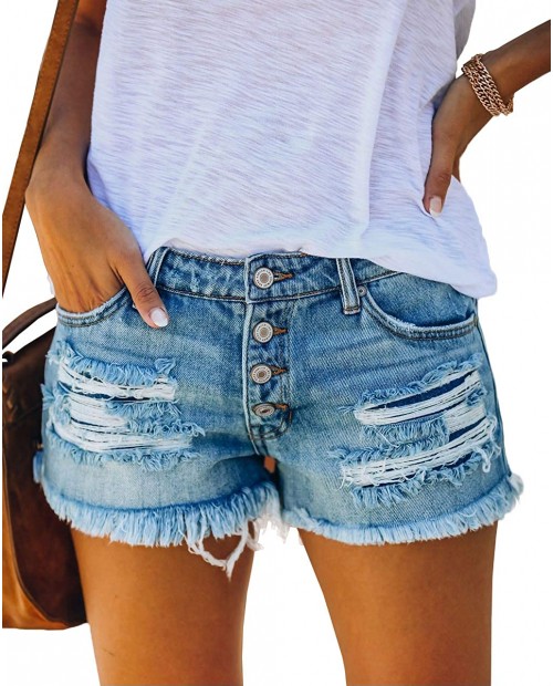 cordat Women's Casual Denim Shorts Frayed Mid Rise Folded Hem Summer Jeans Shorts at Women’s Clothing store