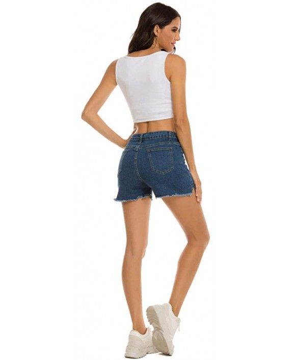 ezShe Women's Mid Rise Stretchy Jean Shorts Frayed Raw Hem Denim Shorts at Women’s Clothing store