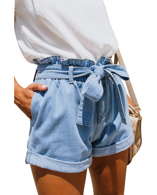 GOSOPIN Women Vintage Denim High Waist Rolled Hem Jeans Shorts Large Light Blue