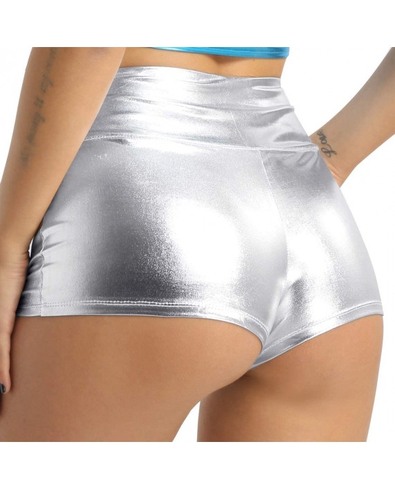 iEFiEL Womens Sexy Shiny Stretchy Metallic Liquid Wet Look High Waist Dance Rave Booty Shorts Hot Pants at Women’s Clothing store