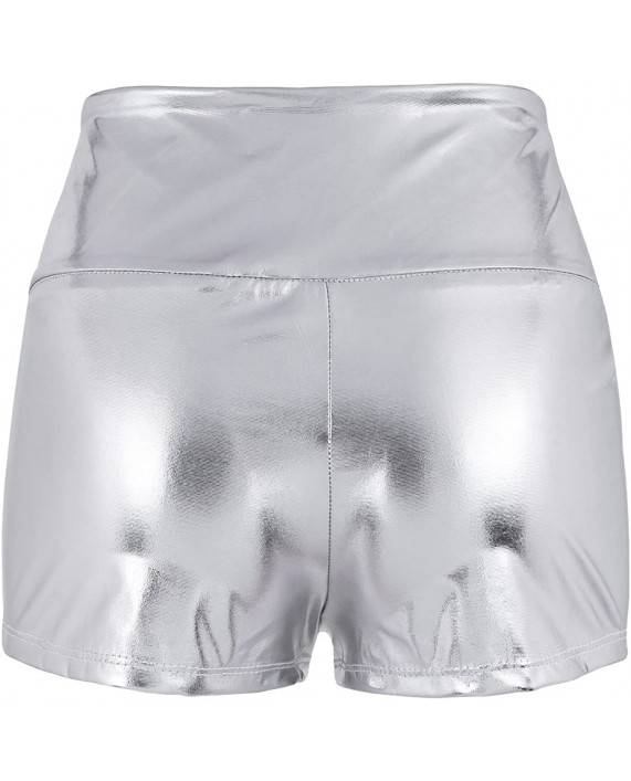 iEFiEL Womens Sexy Shiny Stretchy Metallic Liquid Wet Look High Waist Dance Rave Booty Shorts Hot Pants at Women’s Clothing store