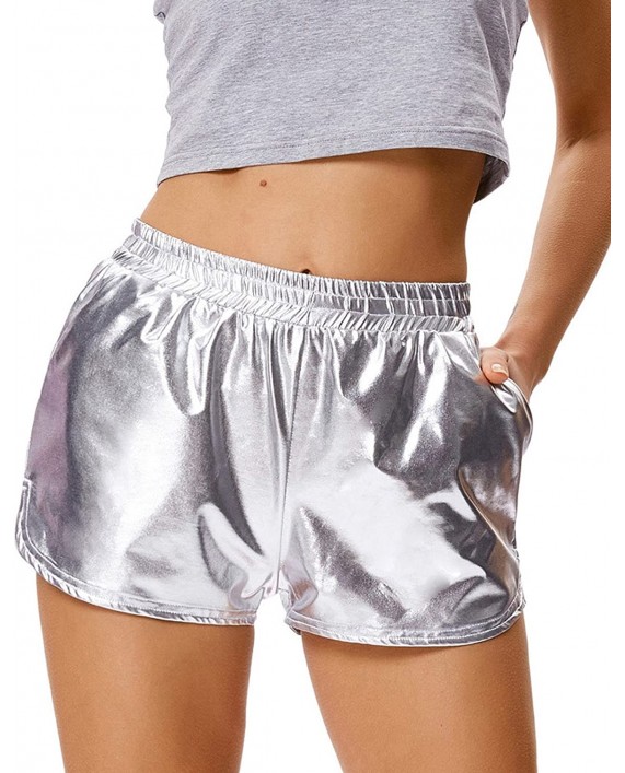 Kate Kasin Women's Elastic Waist Metallic Shorts Shiny Rave Pants Sparkly Yoga Hot Shorts at Women’s Clothing store