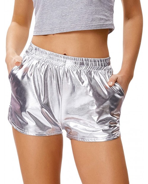 Kate Kasin Women's Elastic Waist Metallic Shorts Shiny Rave Pants Sparkly Yoga Hot Shorts at  Women’s Clothing store