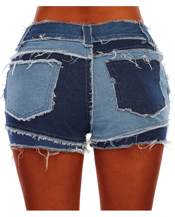 POTILI Color Block Patchwork Jean Shorts for Women Mid Rise Waist Frayed Raw Hem Denim Shorts at Women’s Clothing store