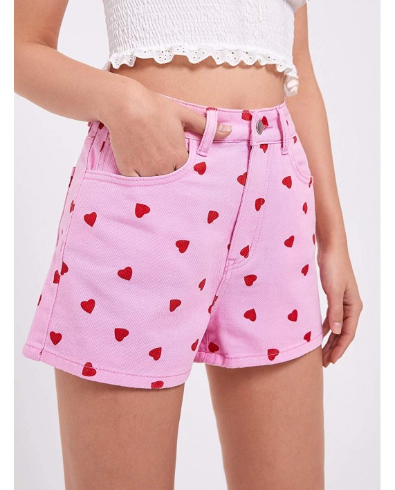 WDIRARA Women's Heart Print High Waisted Button Casual Pocket Denim Shorts Pink S at Women’s Clothing store