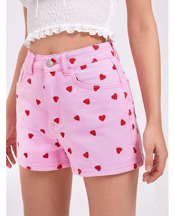 WDIRARA Women's Heart Print High Waisted Button Casual Pocket Denim Shorts Pink S at Women’s Clothing store