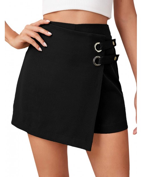 WDIRARA Women's Wrap Asymmetrical Hem Strap Skort Casual Zip Back Shorts at Women’s Clothing store
